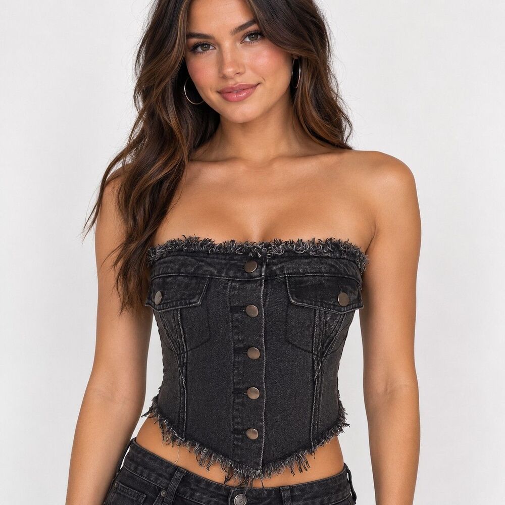 Y2K Kanji Denim V Cropped Tube Top Women's Large Faded Black Jean Jacket Look
